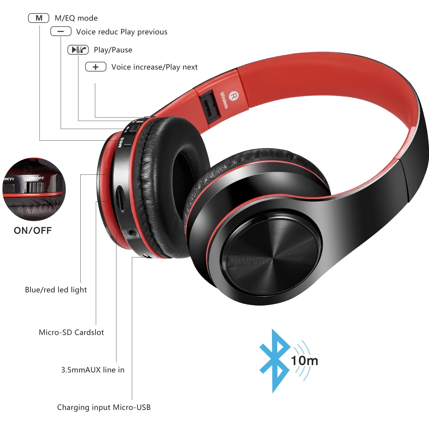Bluetooth Headphones over Ear, LUXMO Wireless Noise Cancelling Headphones Foldable Stereo Headset with Mic, Rechargeable Headphones Handsfree Headphones for PC, Laptops and Smartphones